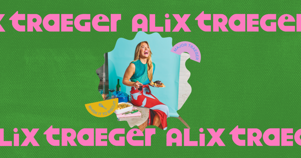 A woman in a blue and red outfit laughs while holding plates of food, set against a green background with “ALIX TRAGER” repeated in bold pink text. | Wonderly