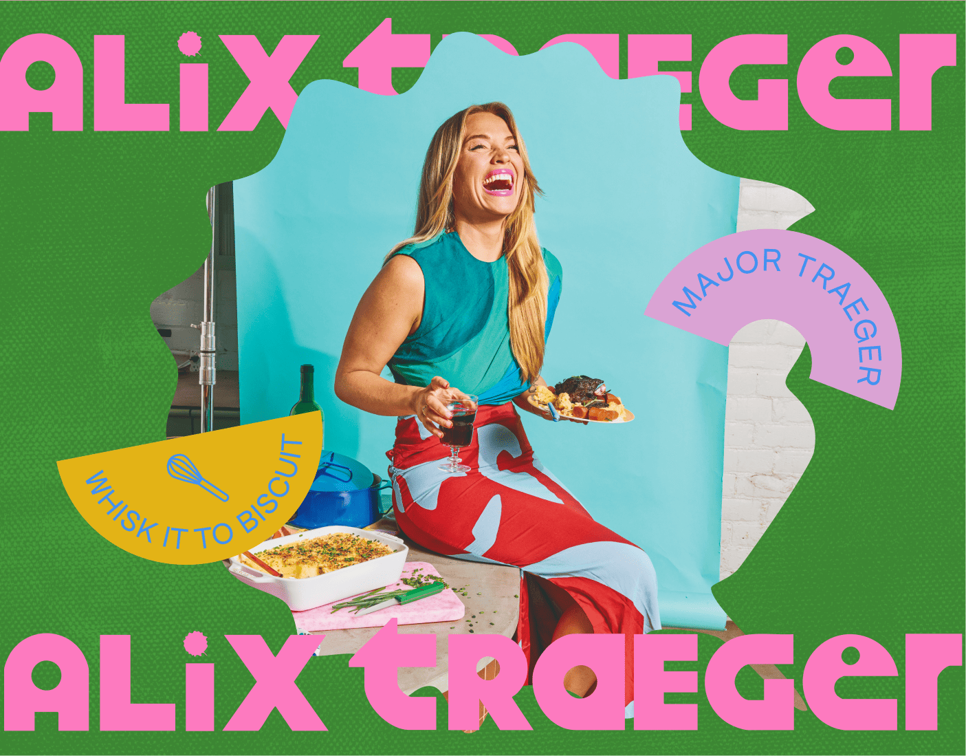 A woman sits on a stool laughing, holding food and a drink, with dishes on a small table. Text reads "Alix Traeger," "Major Traeger," and "Whisk It to Biscuit. | Wonderly