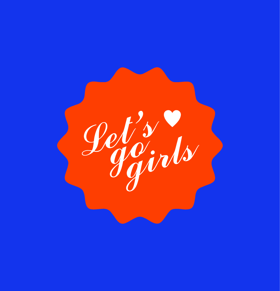 Red starburst shape with the white cursive text "Let's go girls" and a small white heart on a solid blue background. | Wonderly