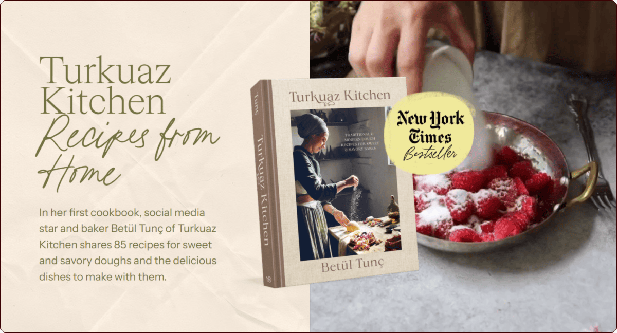 A cookbook titled "Turkuaz Kitchen" by Betül Tunç is shown next to a bowl of raspberries being dusted with powdered sugar. A "New York Times Bestseller" badge appears on the cover. | Wonderly