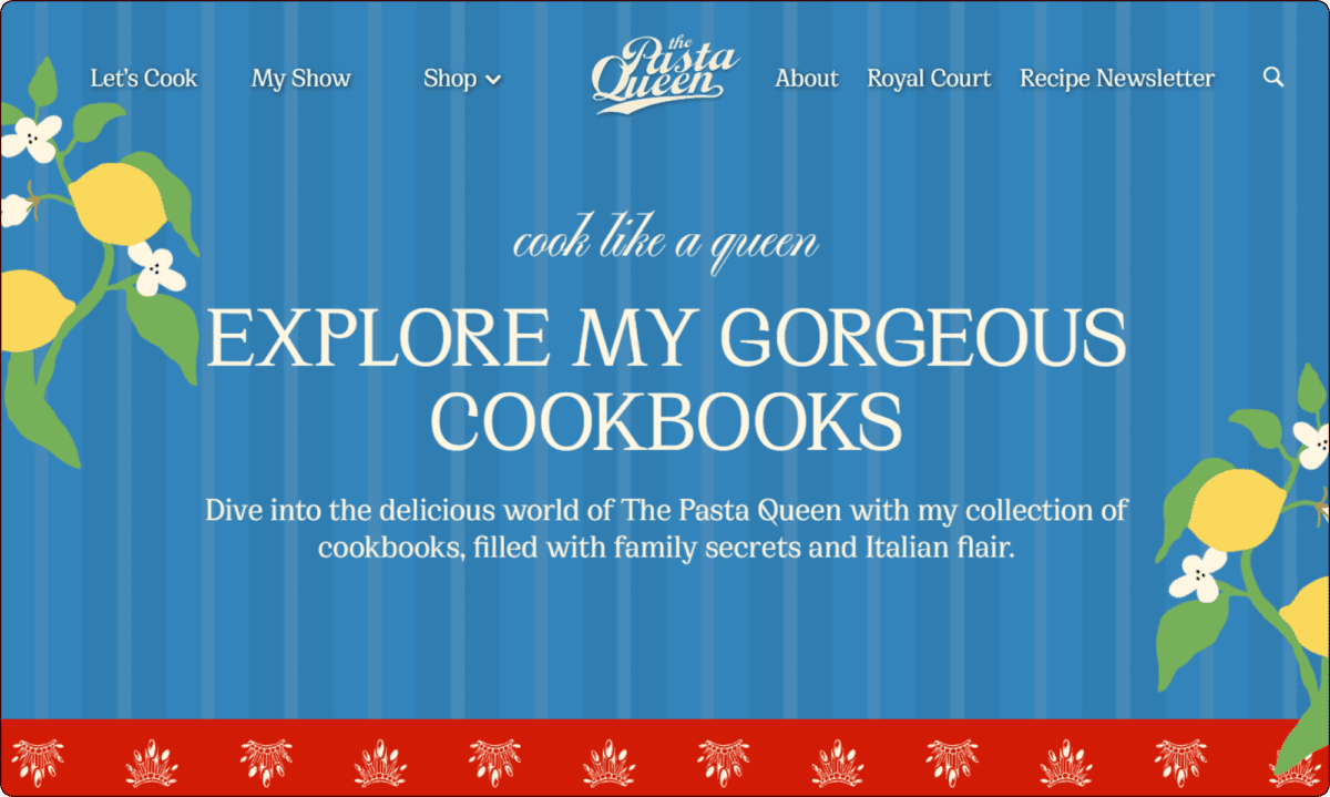 Website section with blue striped background displaying "Explore My Gorgeous Cookbooks" in large text, with a subtitle about The Pasta Queen's cookbook collection and decorative floral accents. | Wonderly