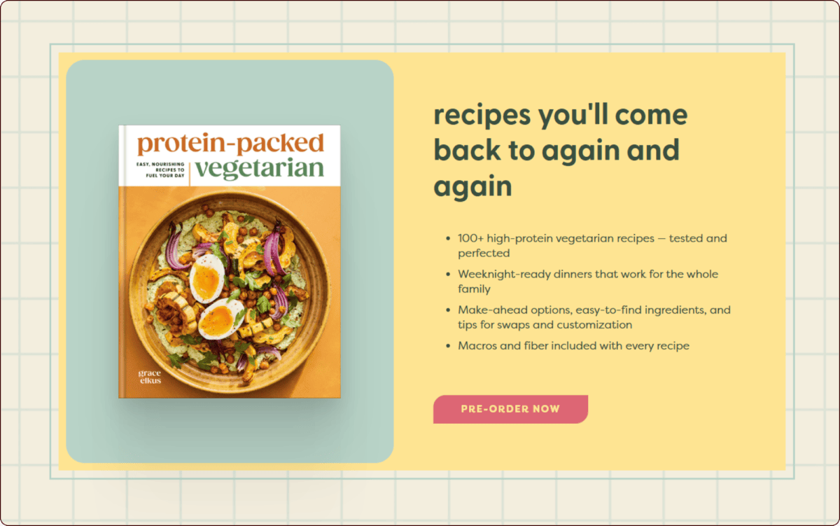 Book cover titled "protein-packed vegetarian" next to text summarizing its features, including high-protein recipes, meal prep tips, and a pre-order button on a yellow background. | Wonderly