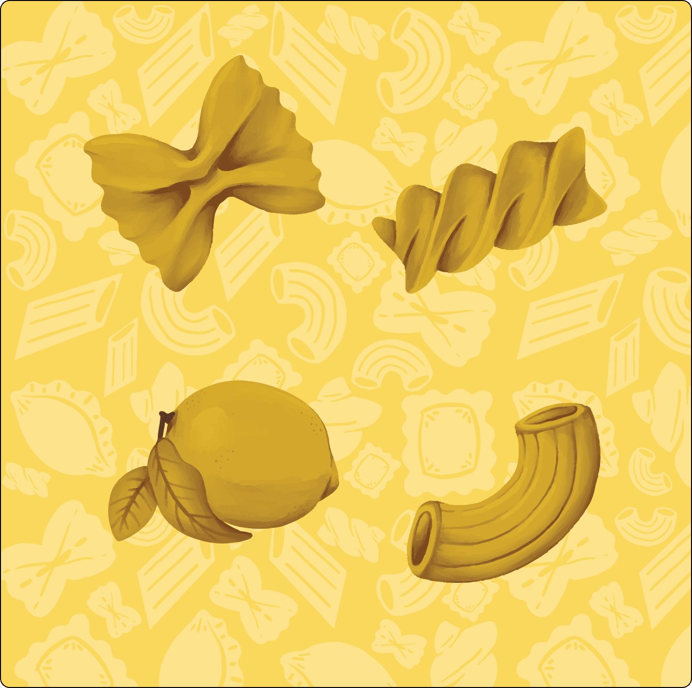 Illustration of a bowtie pasta, spiral pasta, elbow macaroni, and a lemon on a yellow background with a pasta pattern. | Wonderly