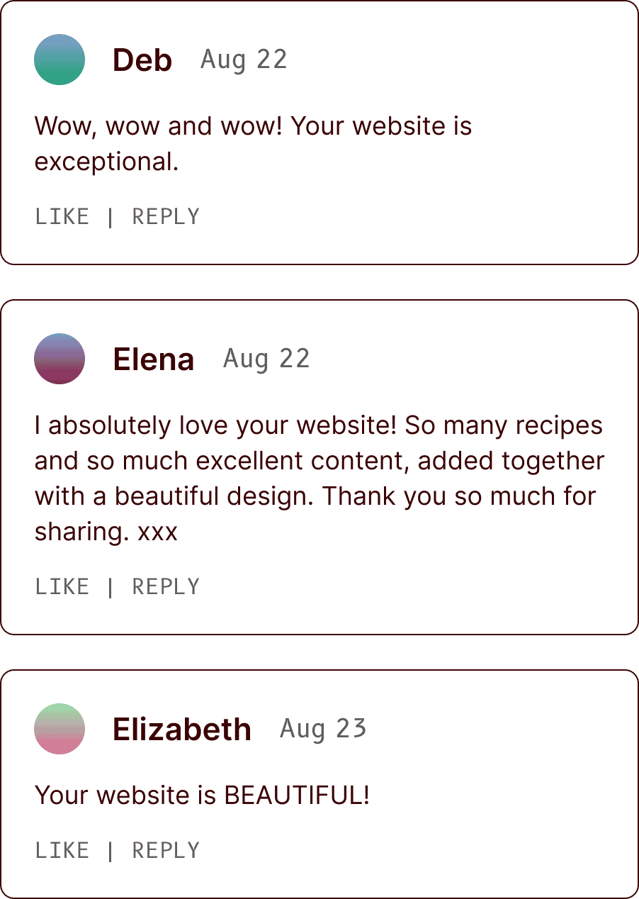 Three user comments praise a website; comments highlight exceptional quality, excellent content, many recipes, and beautiful design. | Wonderly