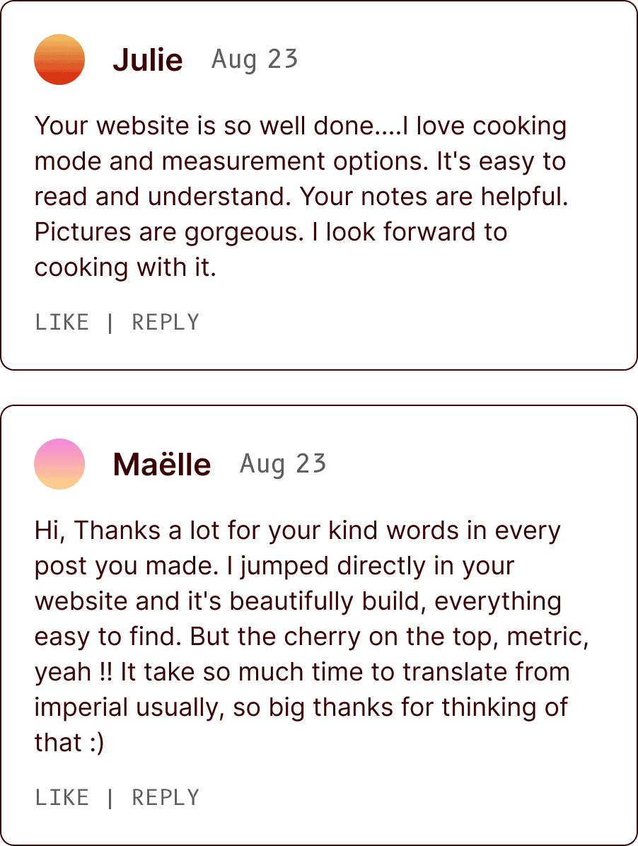 Two user comments praising a website: Julie highlights helpful notes and pictures, while Maëlle appreciates clear metrics and easy navigation. | Wonderly