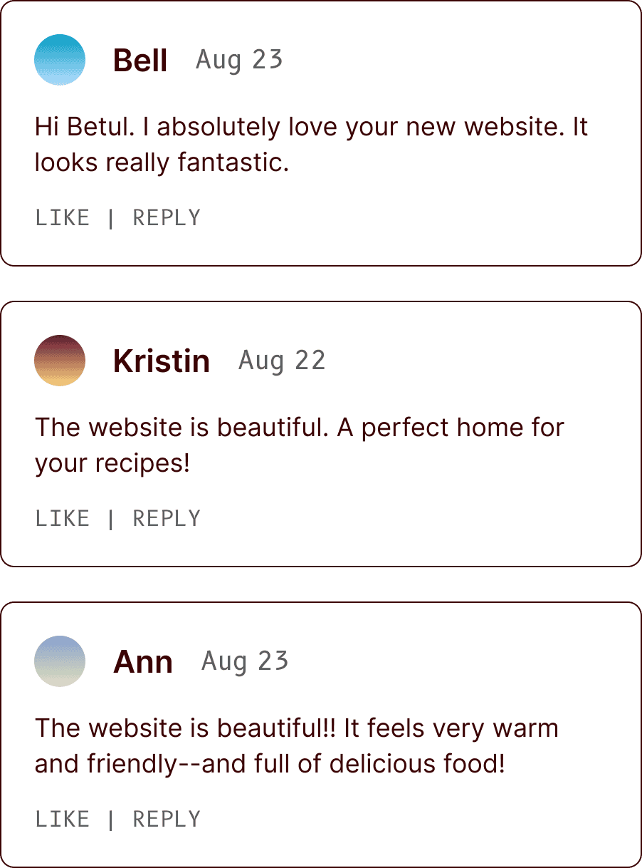 Three user comments praising a new website for its attractive design, warmth, friendliness, and delicious recipes. Each comment is accompanied by a name and date. | Wonderly