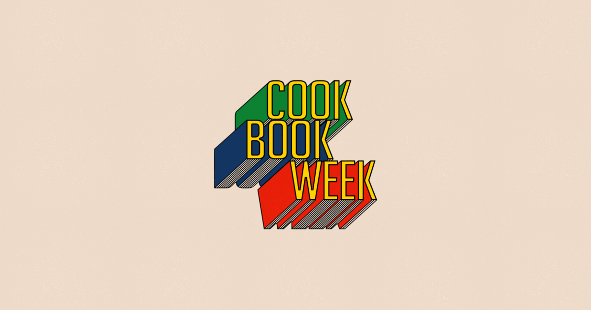 Text graphic reading "Cook Book Week" in bold yellow letters with blue, green, and red shadows, set against a plain beige background. | Wonderly