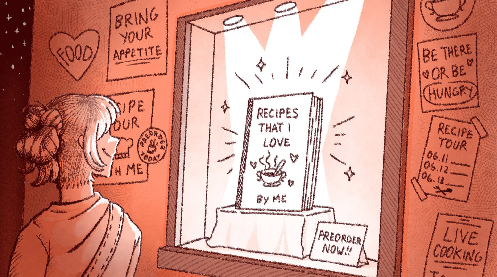 A woman looks at a bookstore display featuring a cookbook titled "Recipes That I Love By Me," surrounded by food-related posters and preorder signs. | Wonderly