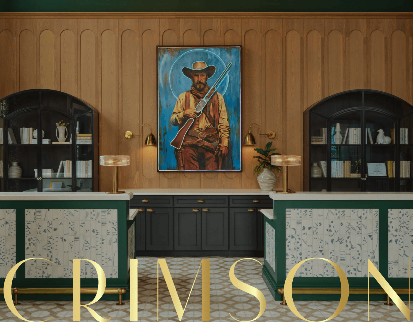 A lobby with two reception desks, bookshelves, and a large portrait of a man in a hat holding a rifle; "CRIMSON" is written in gold letters at the bottom. | Wonderly