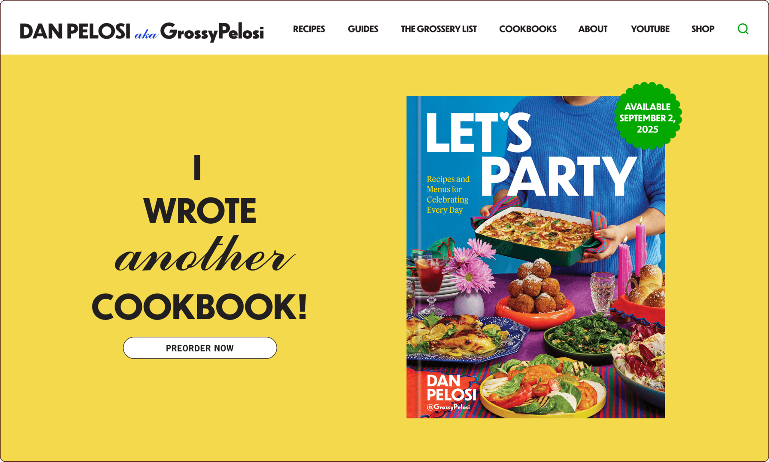 A promotional graphic announces Dan Pelosi's new cookbook "Let's Party," available September 2023, with a preorder button and an image of the book featuring party food. | Wonderly