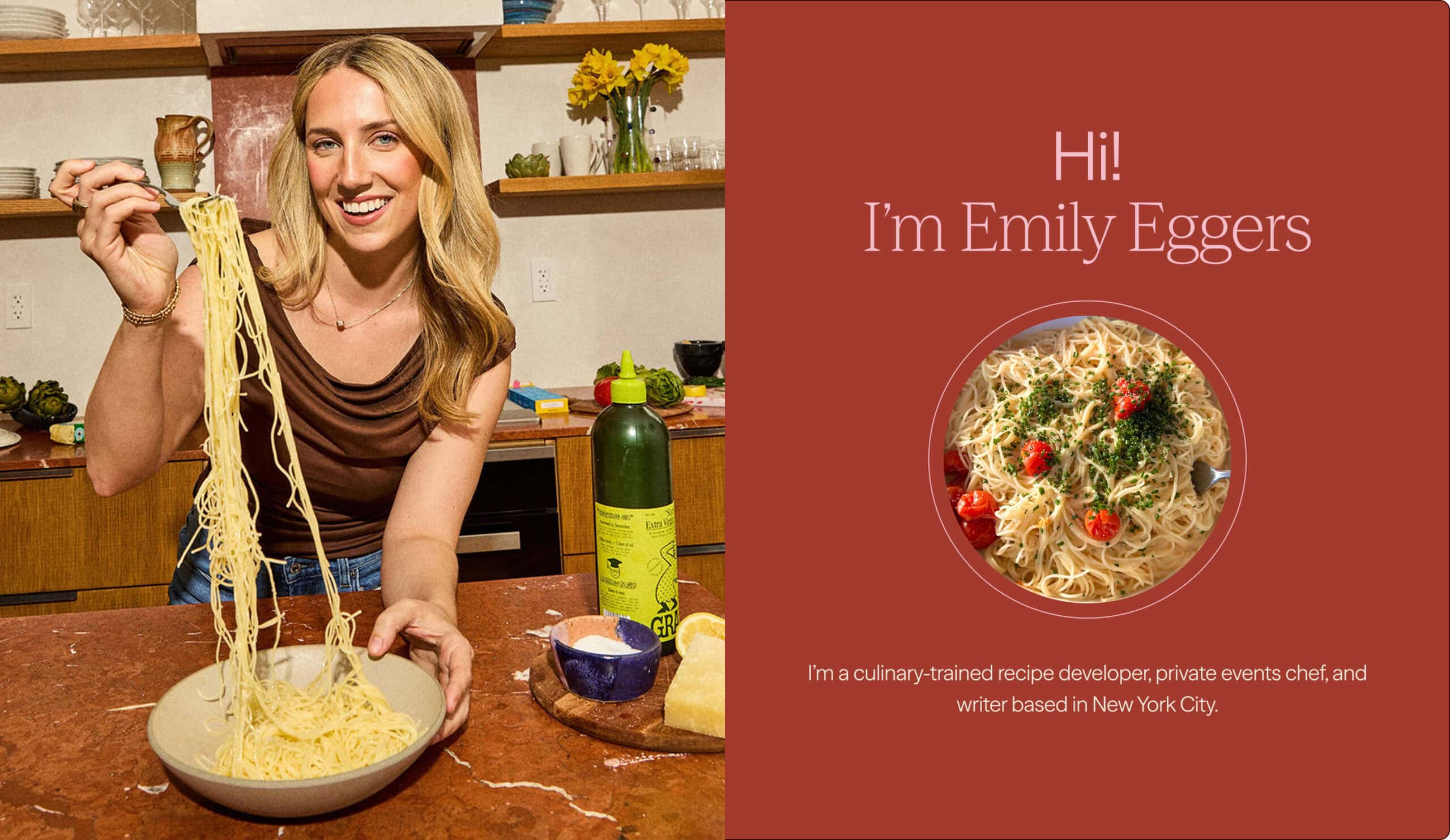 A woman serves pasta into a bowl in a kitchen. Next to her, text introduces Emily Eggers, a chef and recipe developer, with a photo of a completed pasta dish. | Wonderly