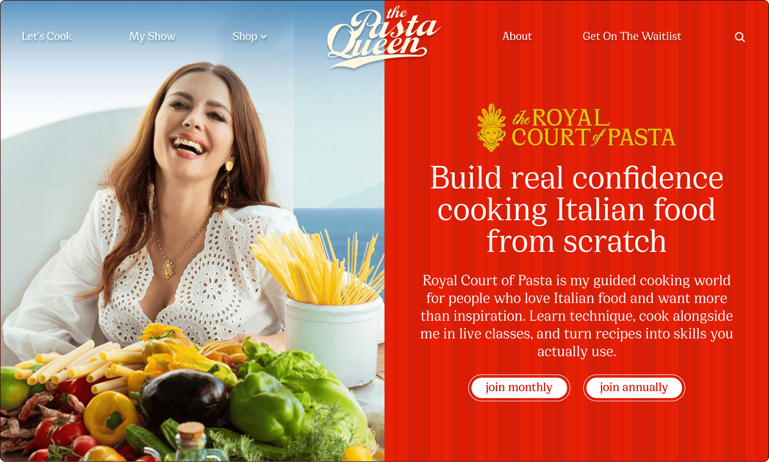 A smiling woman sits next to various pasta ingredients. The website promotes online Italian cooking classes called "Royal Court of Pasta" with options to join monthly or annually. | Wonderly