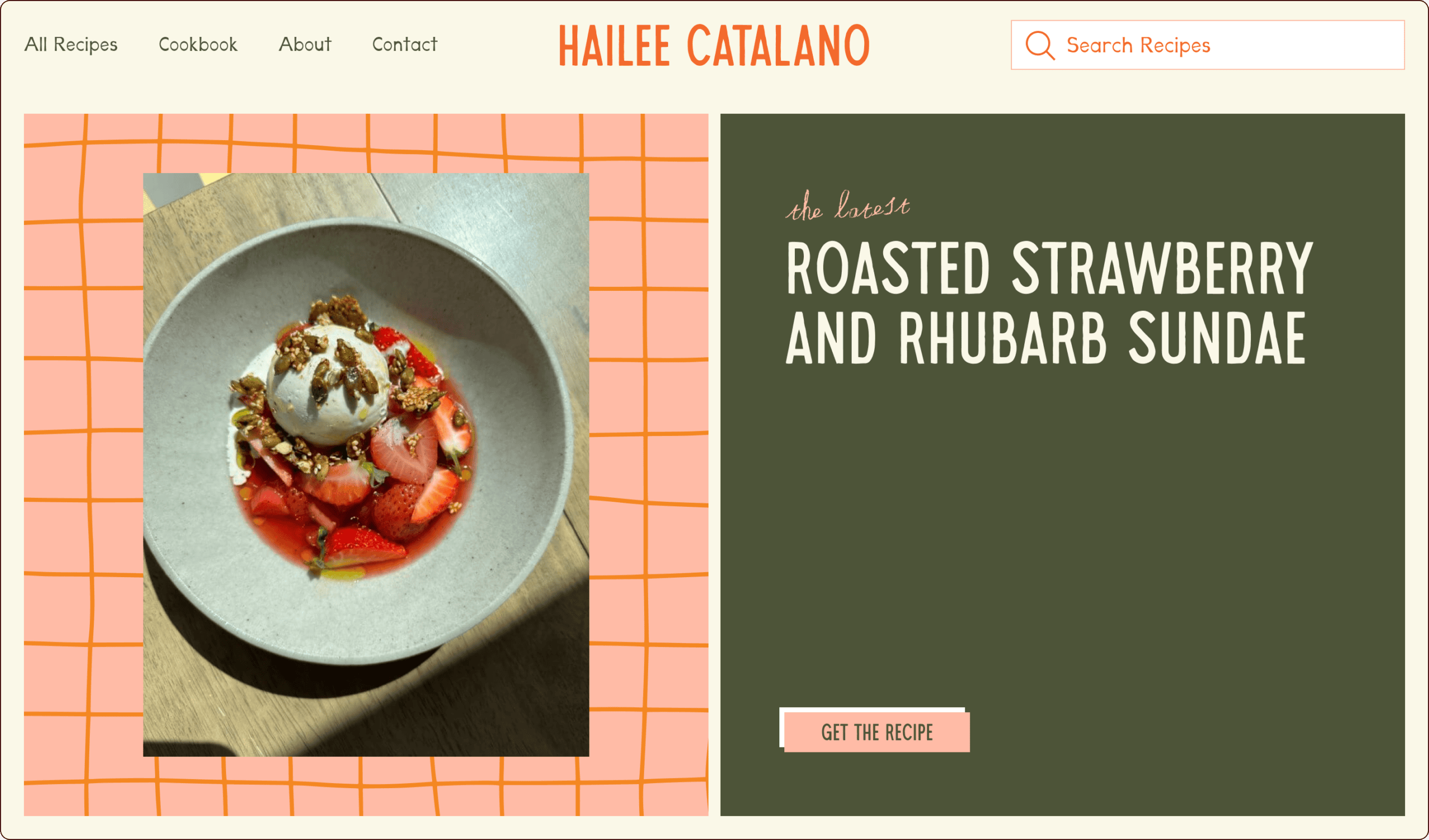 A bowl of roasted strawberry and rhubarb sundae topped with ice cream and granola sits on a tile-patterned background next to text describing the recipe. | Wonderly
