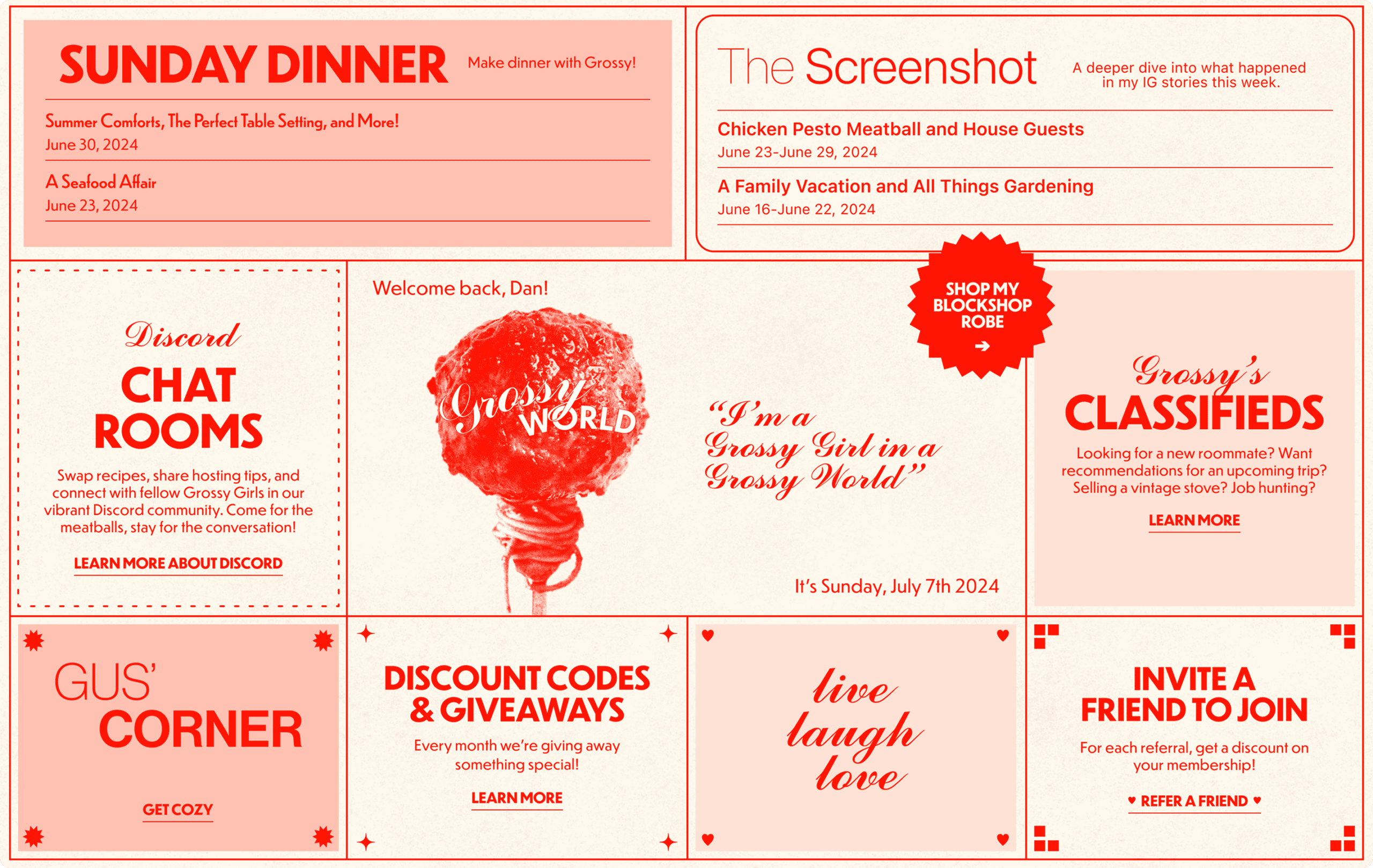 A website homepage features red and white sections with event announcements, chat room links, classifieds, discount codes, and an invitation to refer friends, all in a grid layout. | Wonderly