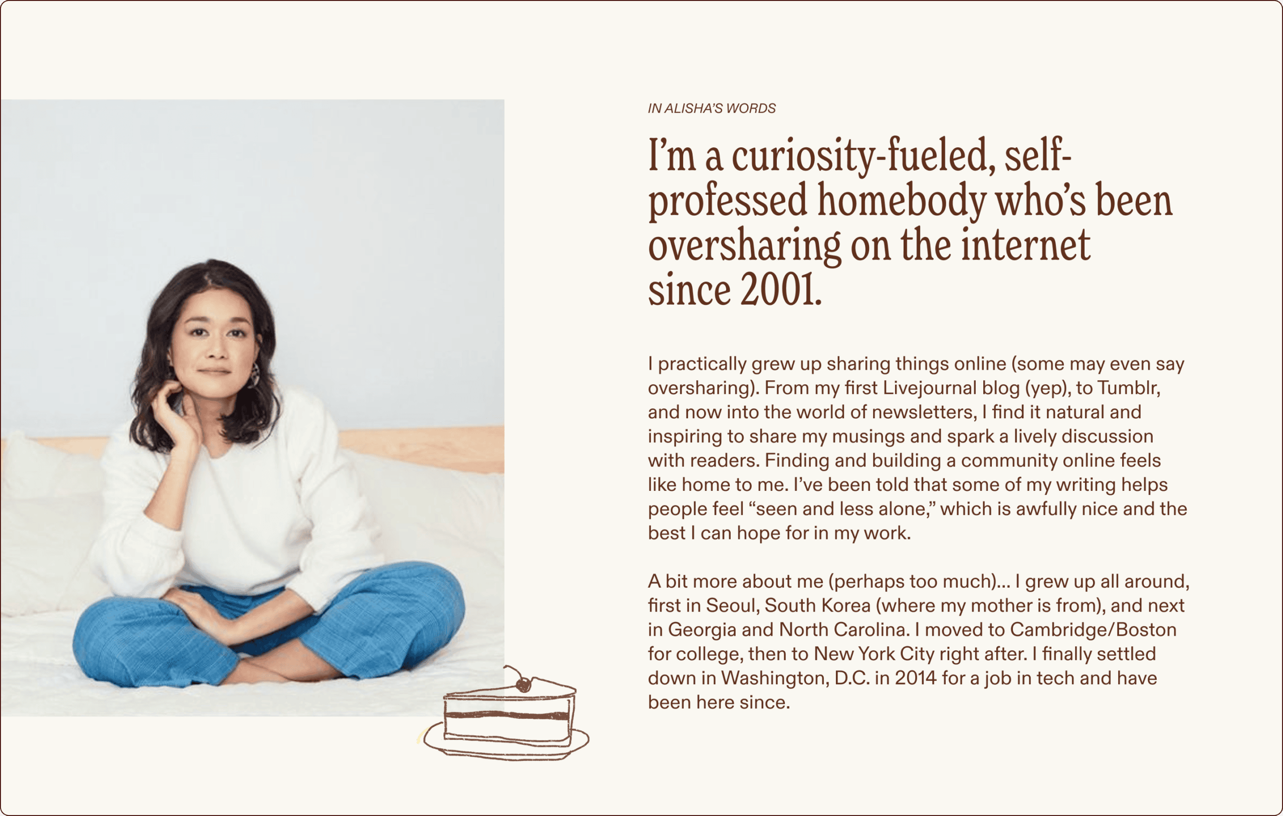 A woman sits barefoot on the floor with her knees up, wearing a white sweater and blue jeans, next to text describing her background as a longtime online writer and homebody. | Wonderly