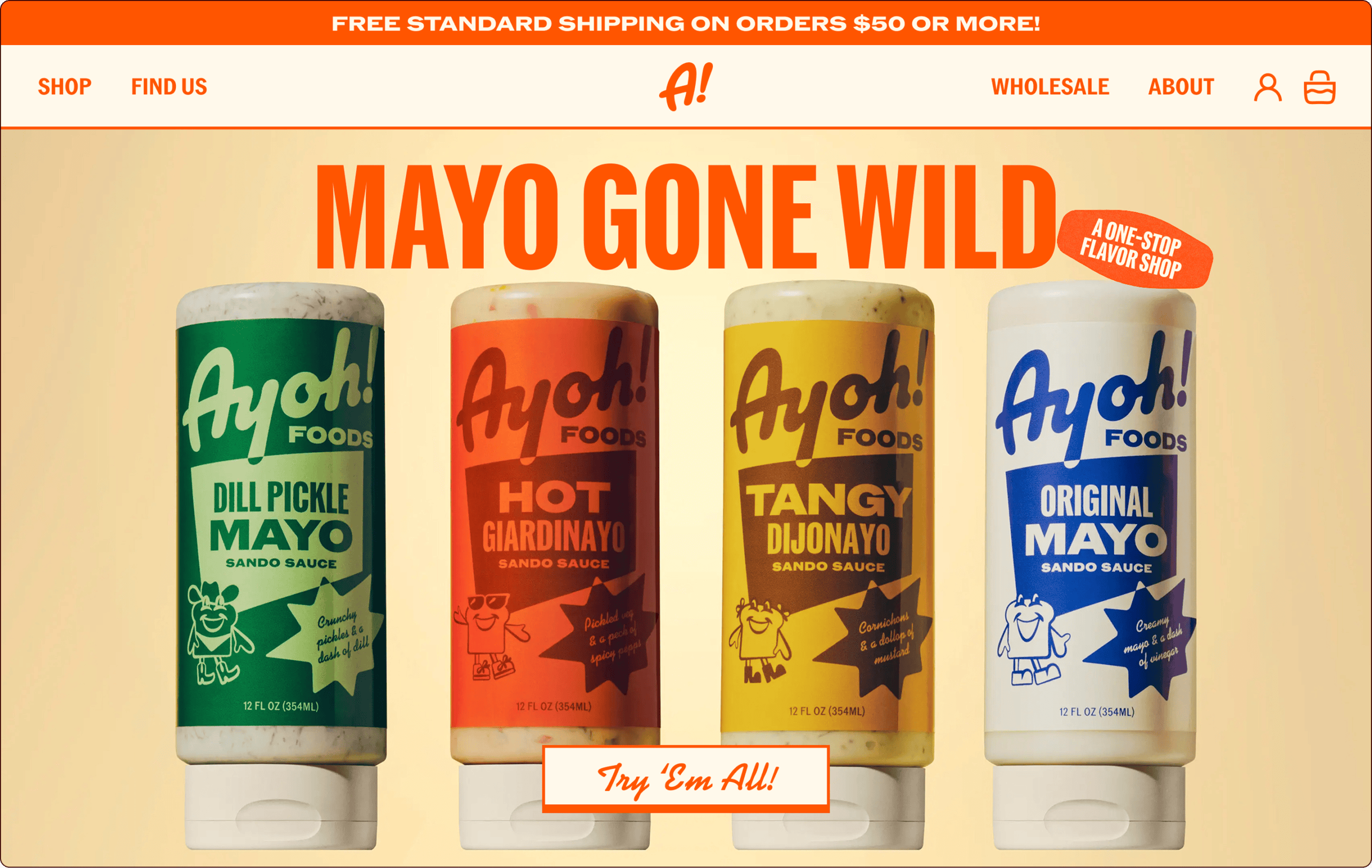 Four bottles of Ayoh! Foods mayo sauces—Dill Pickle, Hot Giardinayo, Tangy Dijonayo, and Original Mayo—are displayed upright against a yellow background. | Wonderly