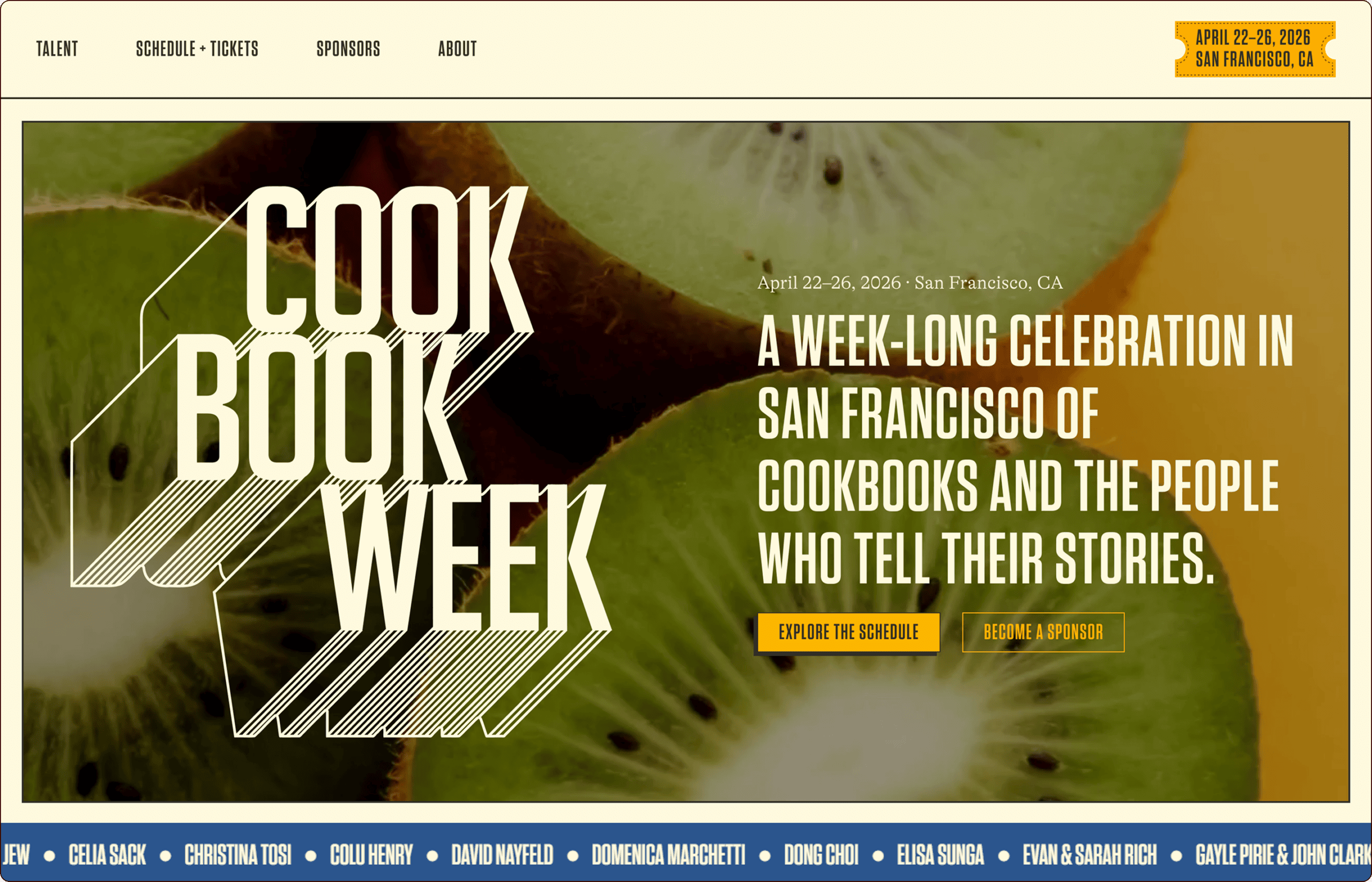 Website homepage banner for "Cookbook Week," a San Francisco event, with bold text over a close-up image of kiwi slices and event details listed on the right. | Wonderly