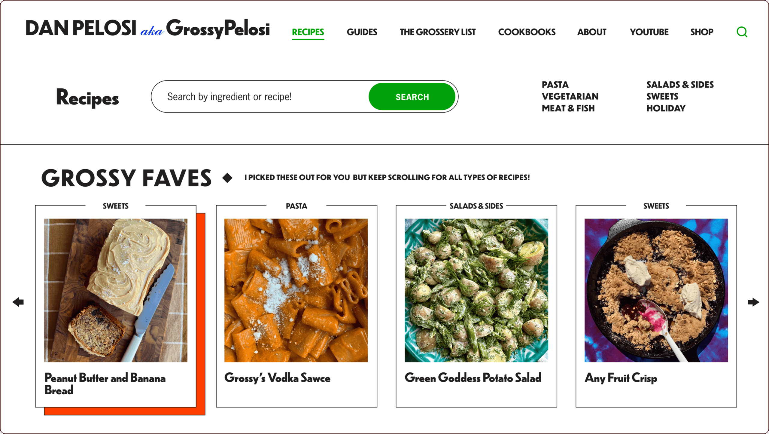 Screenshot of a recipe website showing a search bar, category links, and featured recipes: Peanut Butter and Banana Bread, Grossy’s Vodka Sauce, Green Goddess Potato Salad, and Any Fruit Crisp. | Wonderly