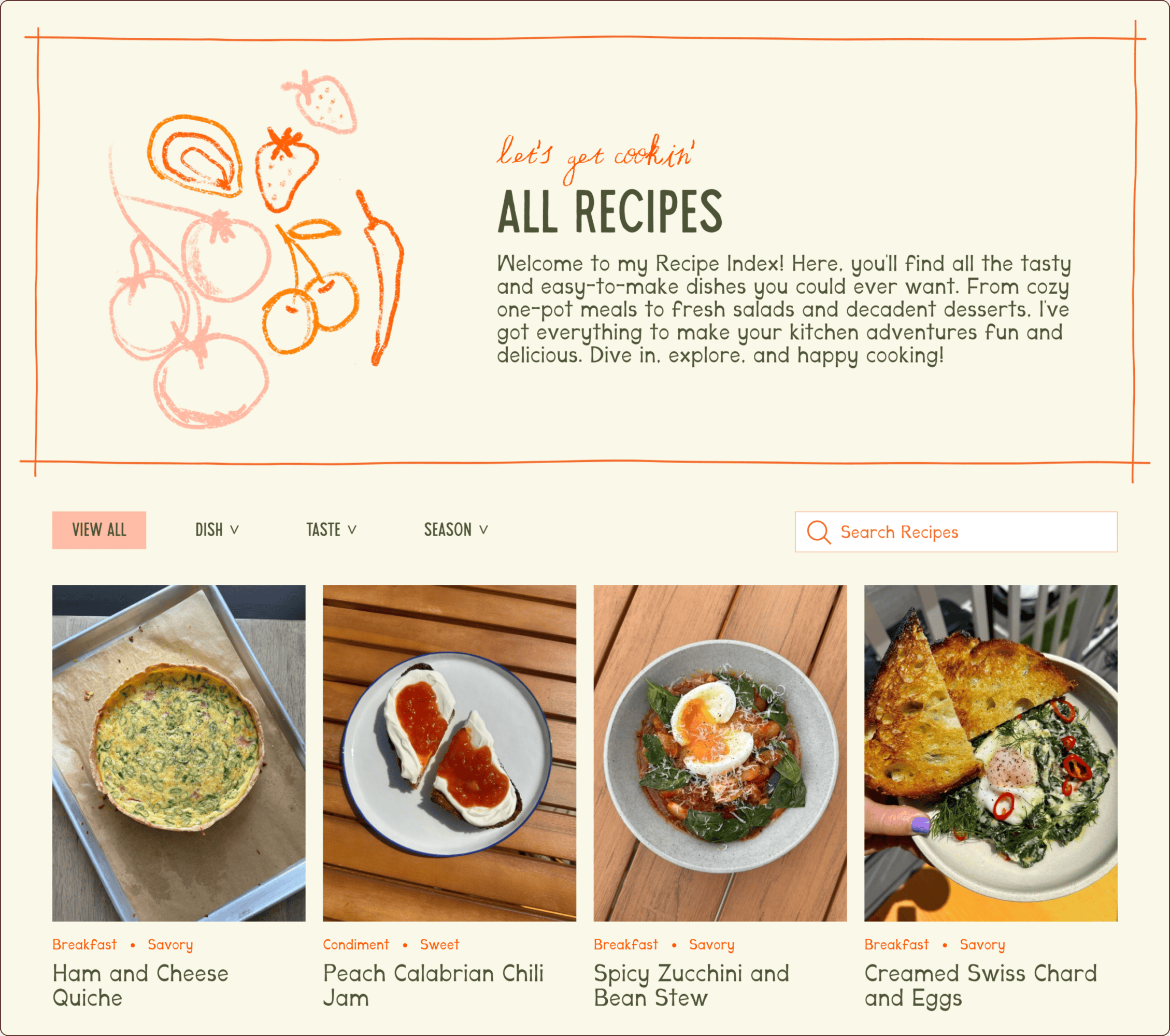 A recipe index page displaying three recipe images: Ham and Cheese Quiche, Peach Calabrian Chili Jam, and Spicy Zucchini and Bean Stew with Creamed Swiss Chard and Eggs. | Wonderly