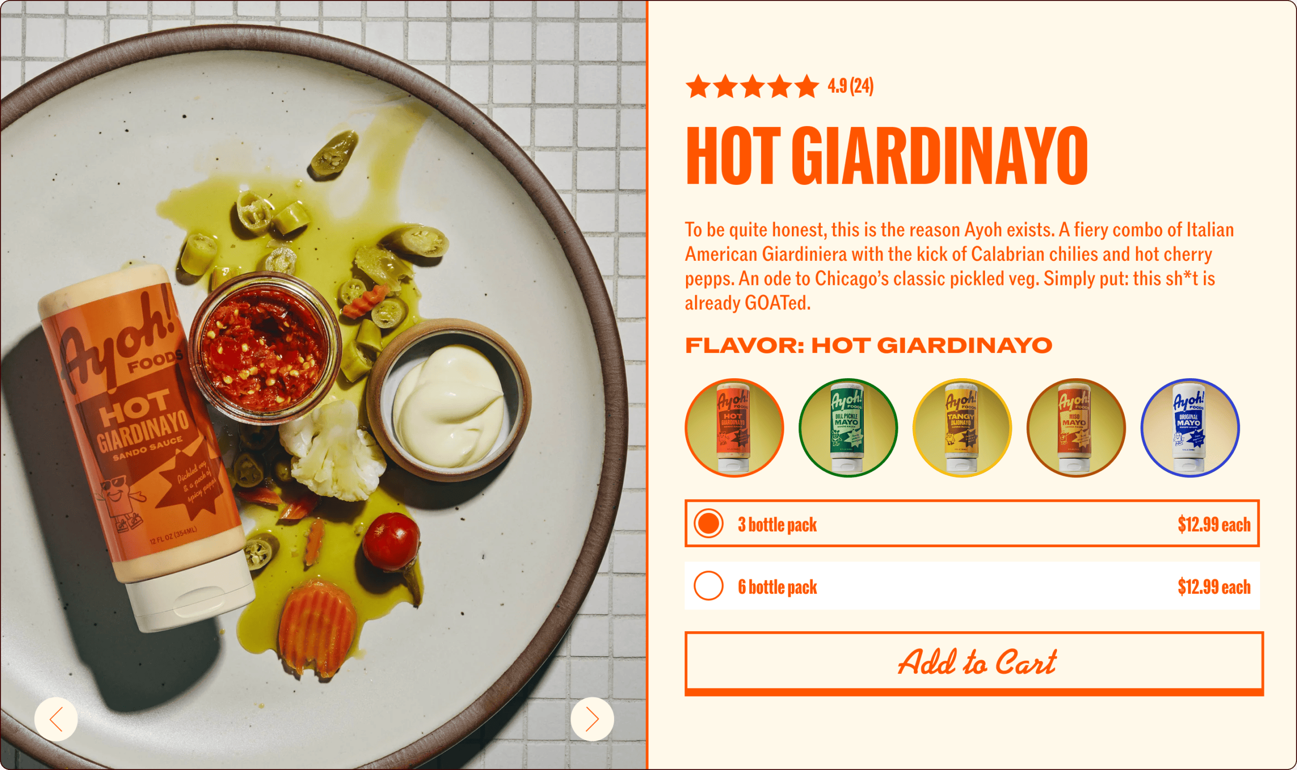 A bottle of Ayoh Foods Hot Giardinayo sauce lies on a plate with pickled vegetables, aioli, and olive oil; product details and purchase options are shown on the right. | Wonderly