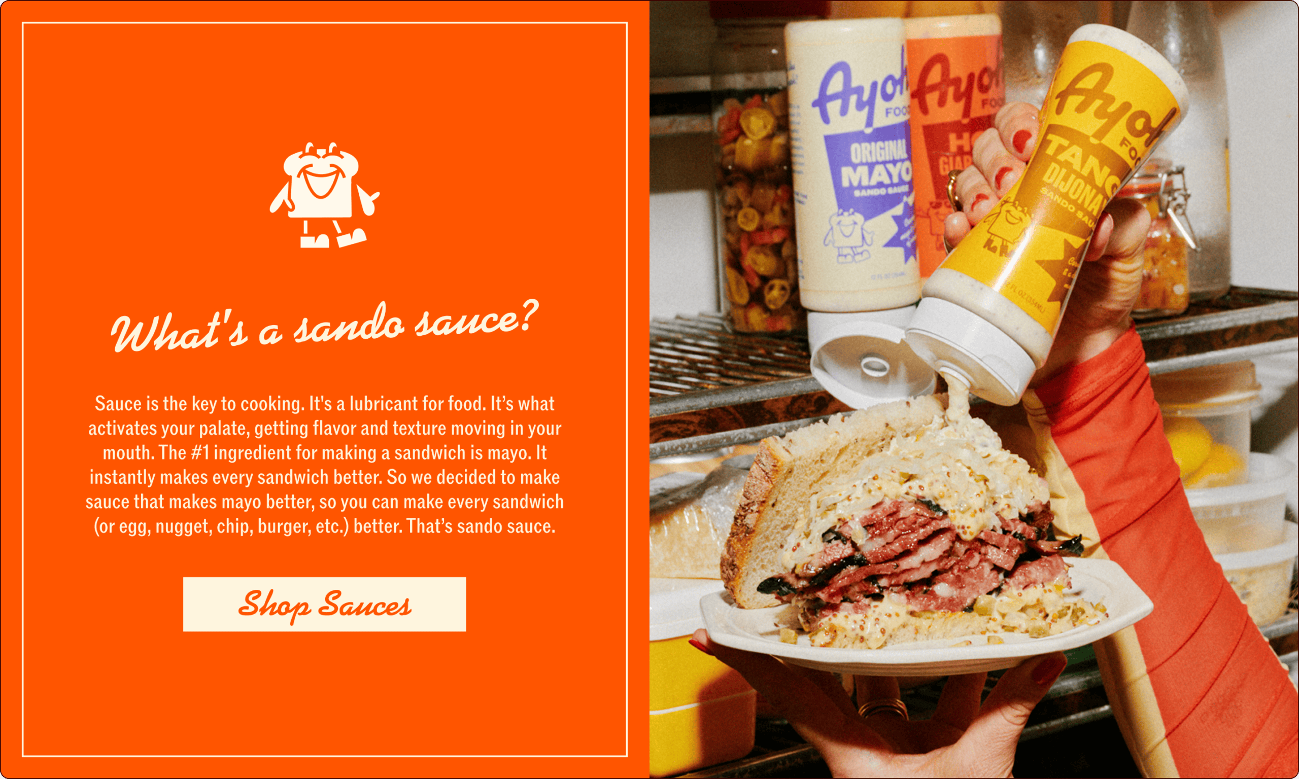 Two hands squeeze bottles of sauces onto a large sandwich filled with meat and coleslaw, next to an orange panel explaining the concept of "sando sauce. | Wonderly