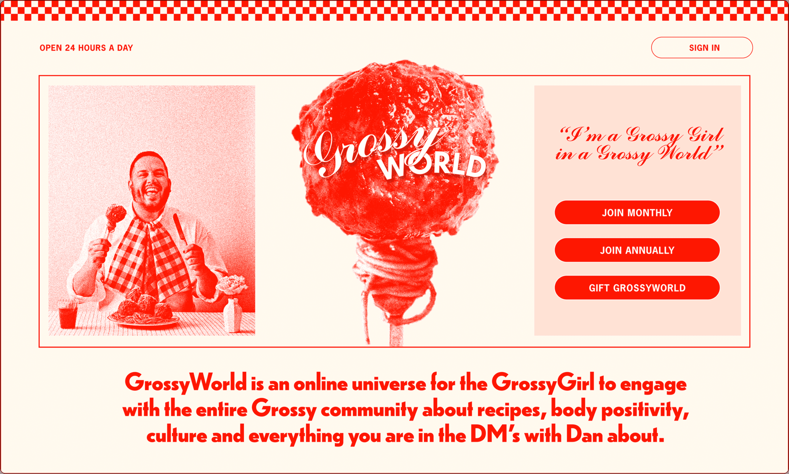 A man sits at a table with food, smiling and holding a fork. Text promotes GrossyWorld, an online community for recipes, body positivity, and culture, with options to join or gift membership. | Wonderly