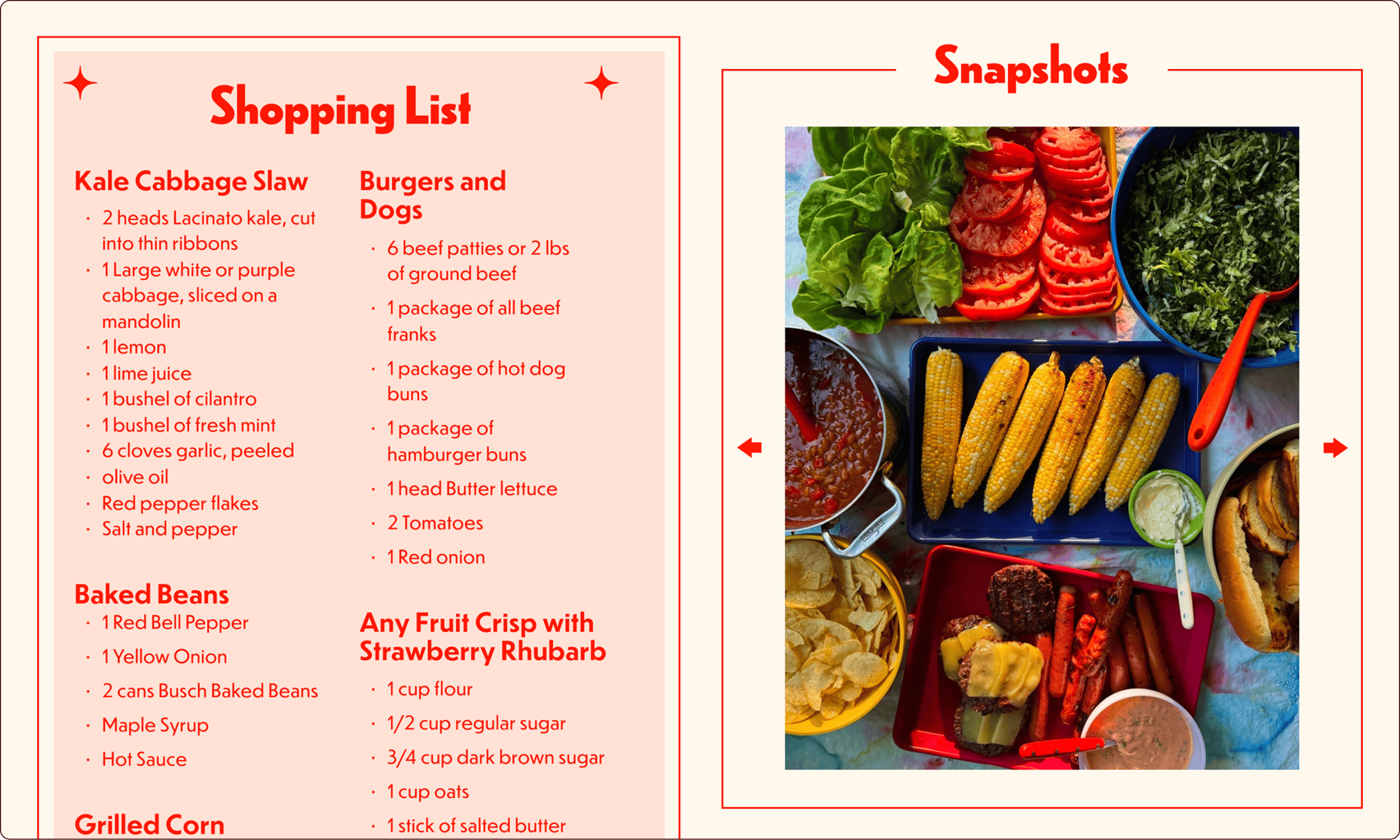 A picnic spread with corn on the cob, sliced tomatoes, lettuce, grilled burgers, buns, baked beans, and hot dogs arranged on a table, next to a printed shopping list. | Wonderly