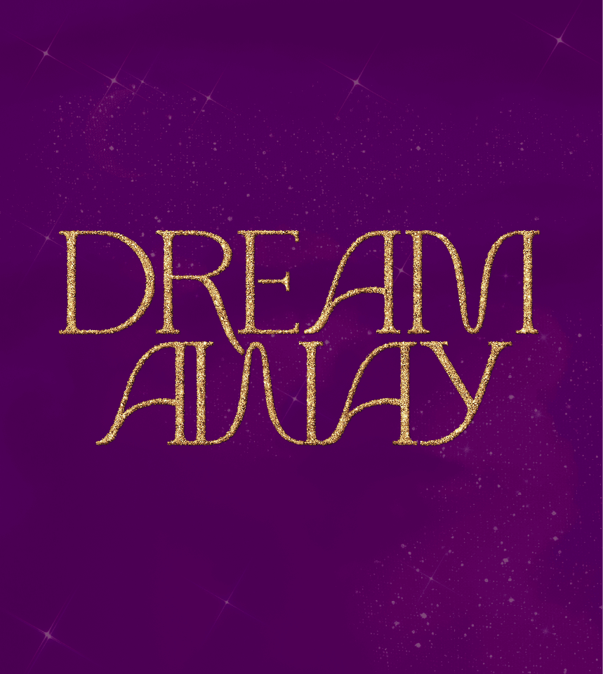Gold glitter text reading "DREAM AWAY" on a purple background with faint star-like sparkles. | Wonderly