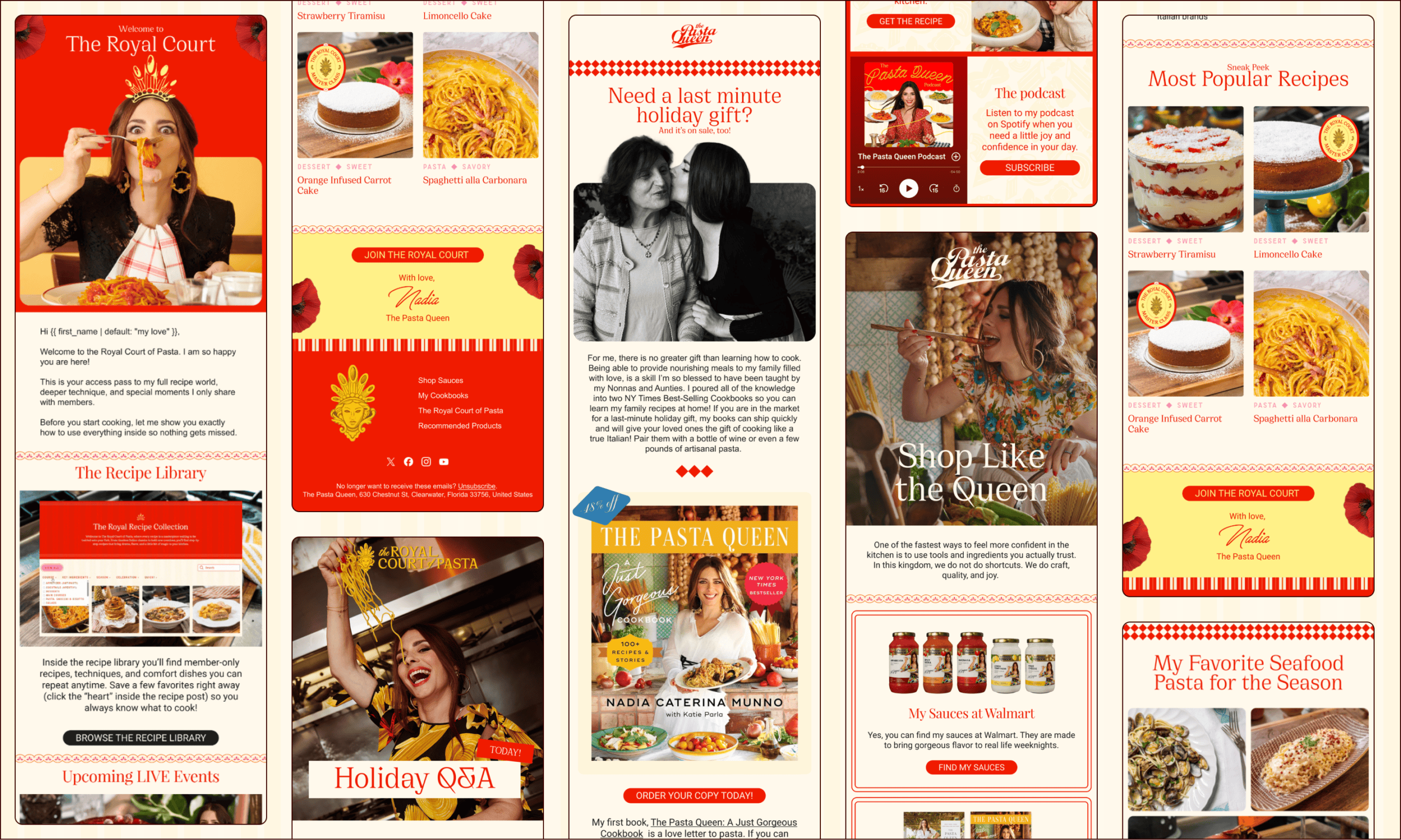 A colorful collage of website sections featuring Italian food, recipes, a cookbook, a woman eating pasta, and promotional banners for cookbooks and Q&A events. | Wonderly