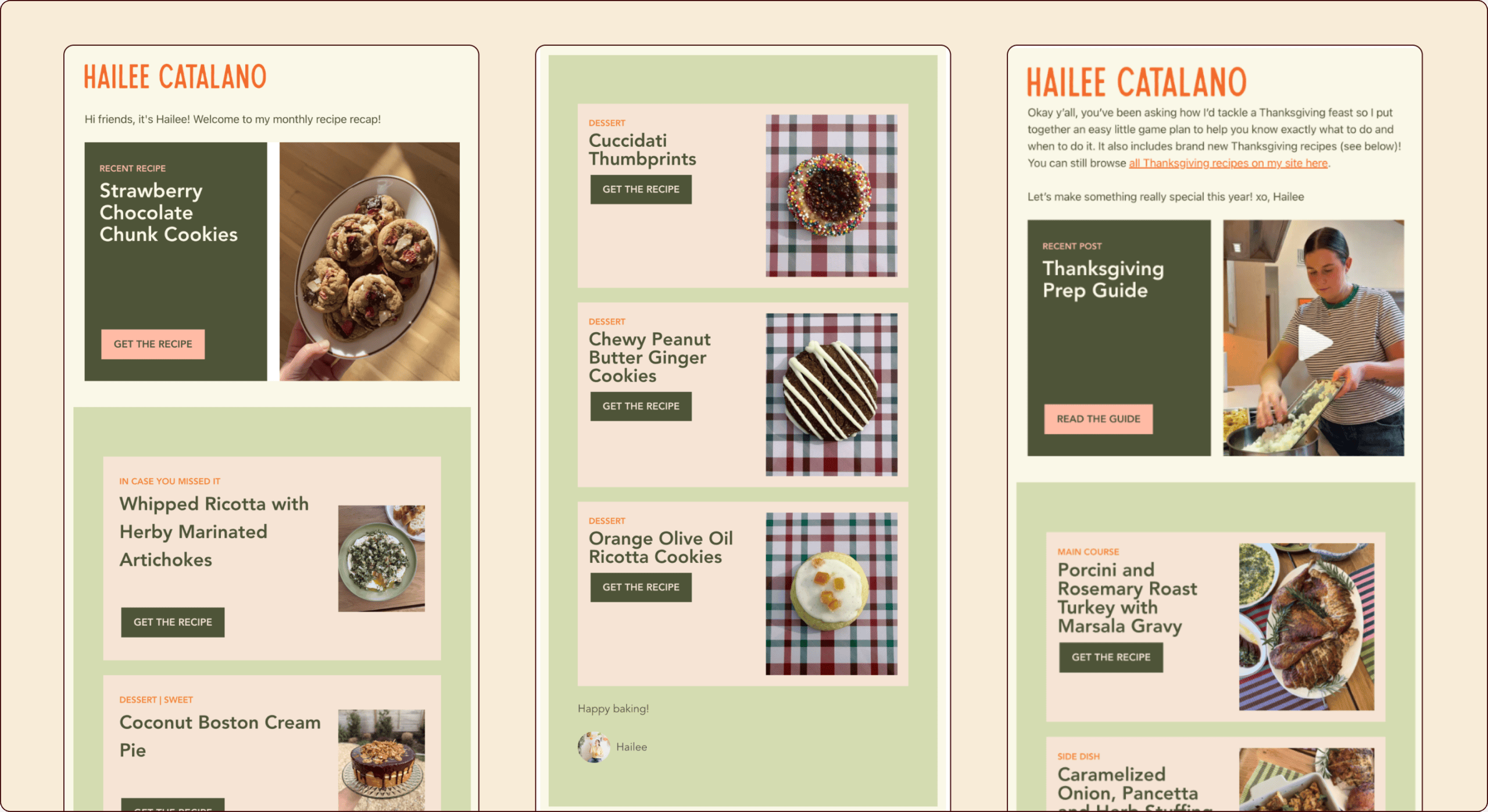 Screenshot of a recipe website featuring Hailee Catalano, with sections for cookie and main course recipes, images of dishes, and a Thanksgiving prep guide. | Wonderly