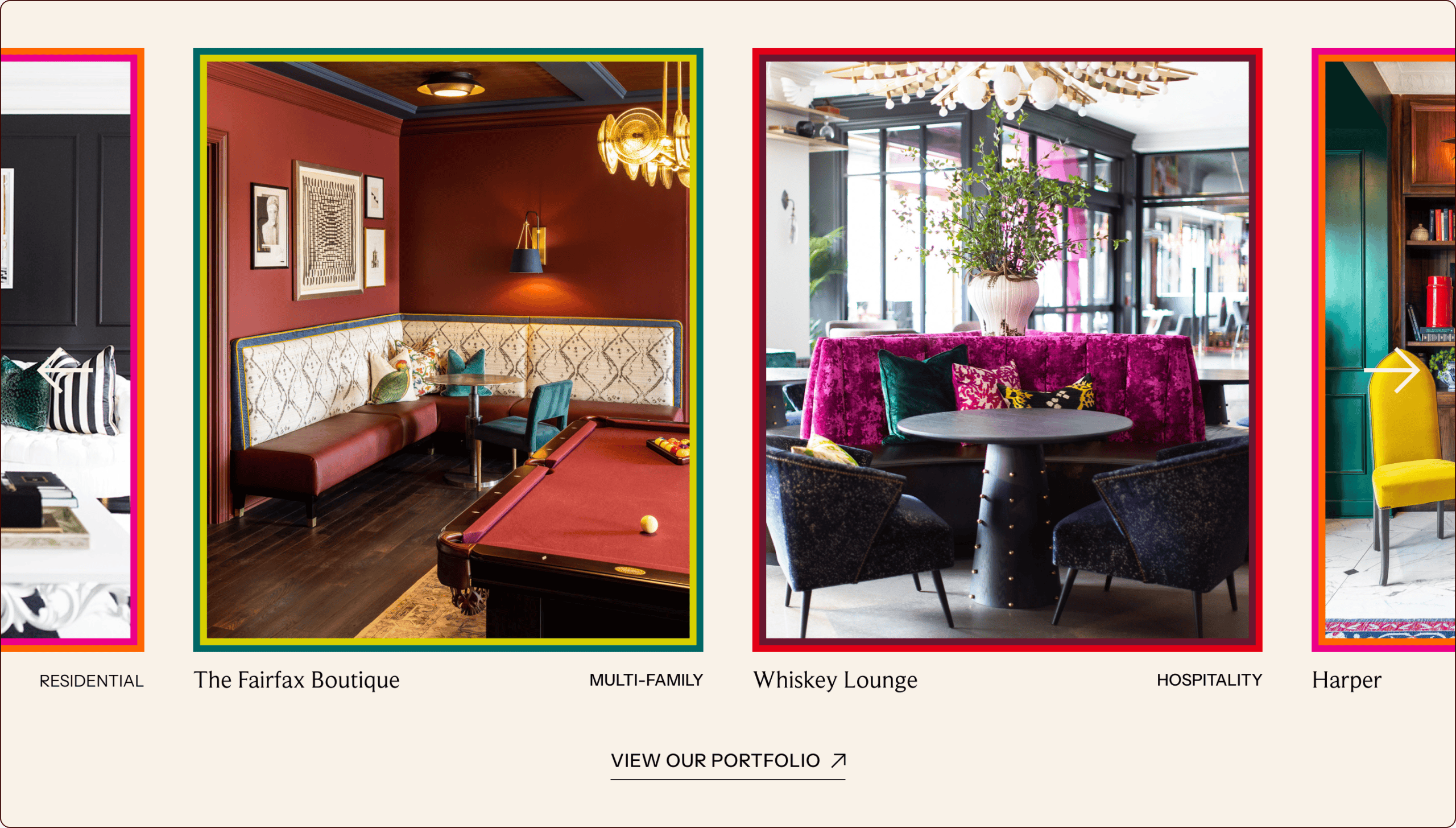 A stylish interior features a billiards table, maroon bench, wall art, and modern lighting in a boutique setting labeled "The Fairfax Boutique. | Wonderly