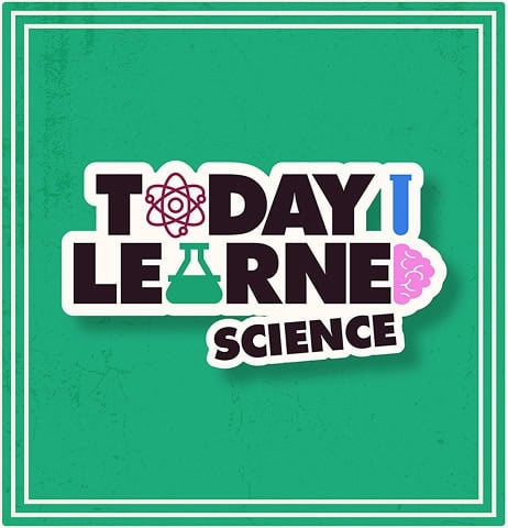 Today I Learned Science" logo with science-themed icons such as an atom, test tube, flask, and brain on a green textured background with white border lines. | Wonderly