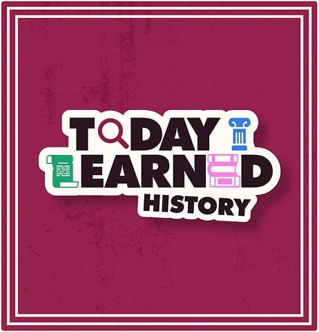 Today I Learned History" text with education-themed icons—a magnifying glass, scroll, books, and column—on a maroon background with a white border. | Wonderly