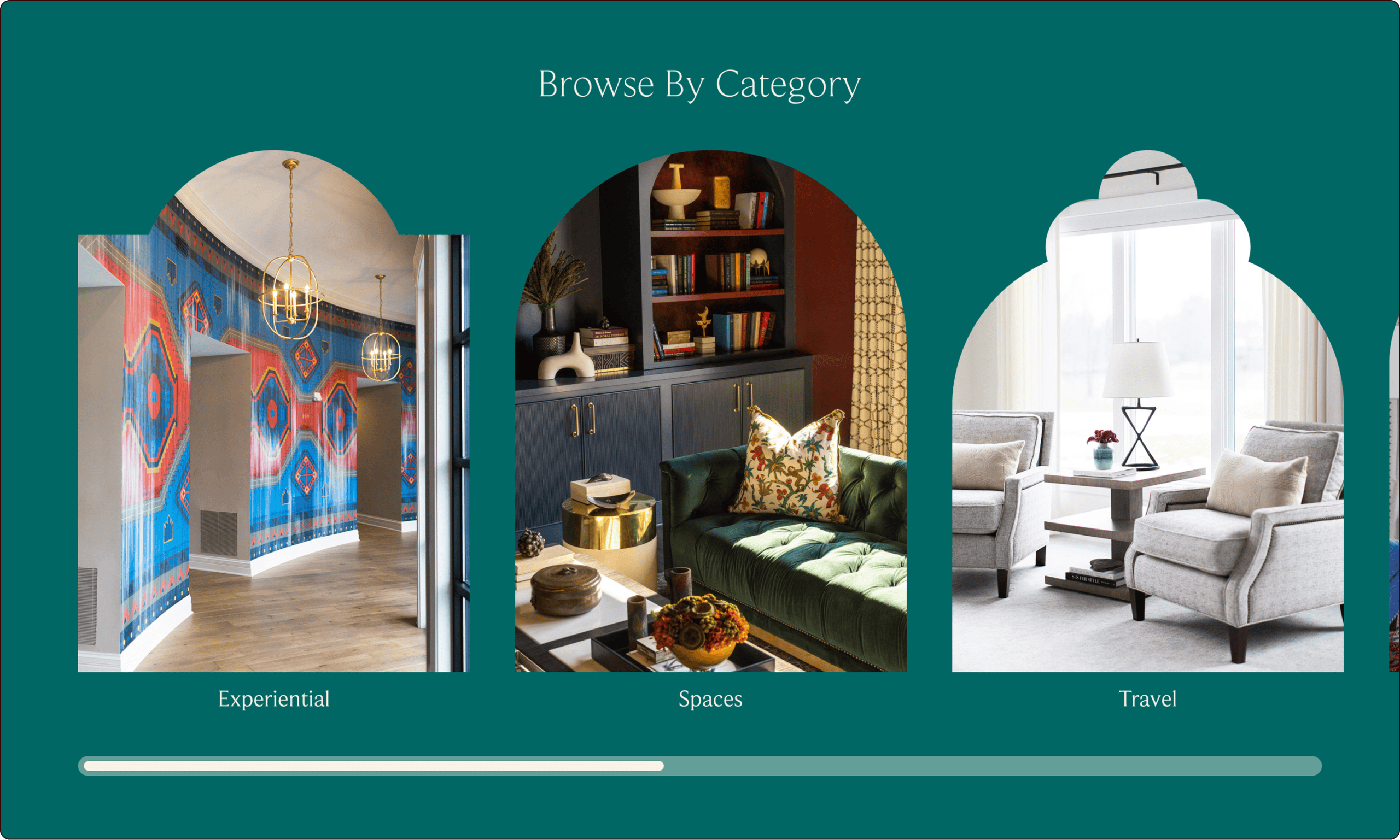 Three interior photos under the categories Experiential, Spaces, and Travel, displayed on a teal background with the heading "Browse By Category. | Wonderly