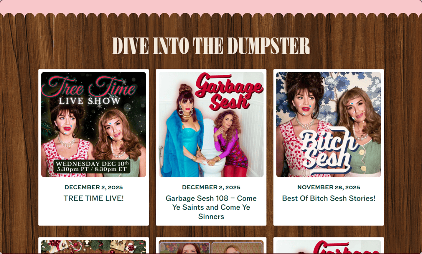 Screenshot of a website section titled "Dive Into the Dumpster," displaying three podcast episode promos featuring two women in various costumes and episode details. | Wonderly