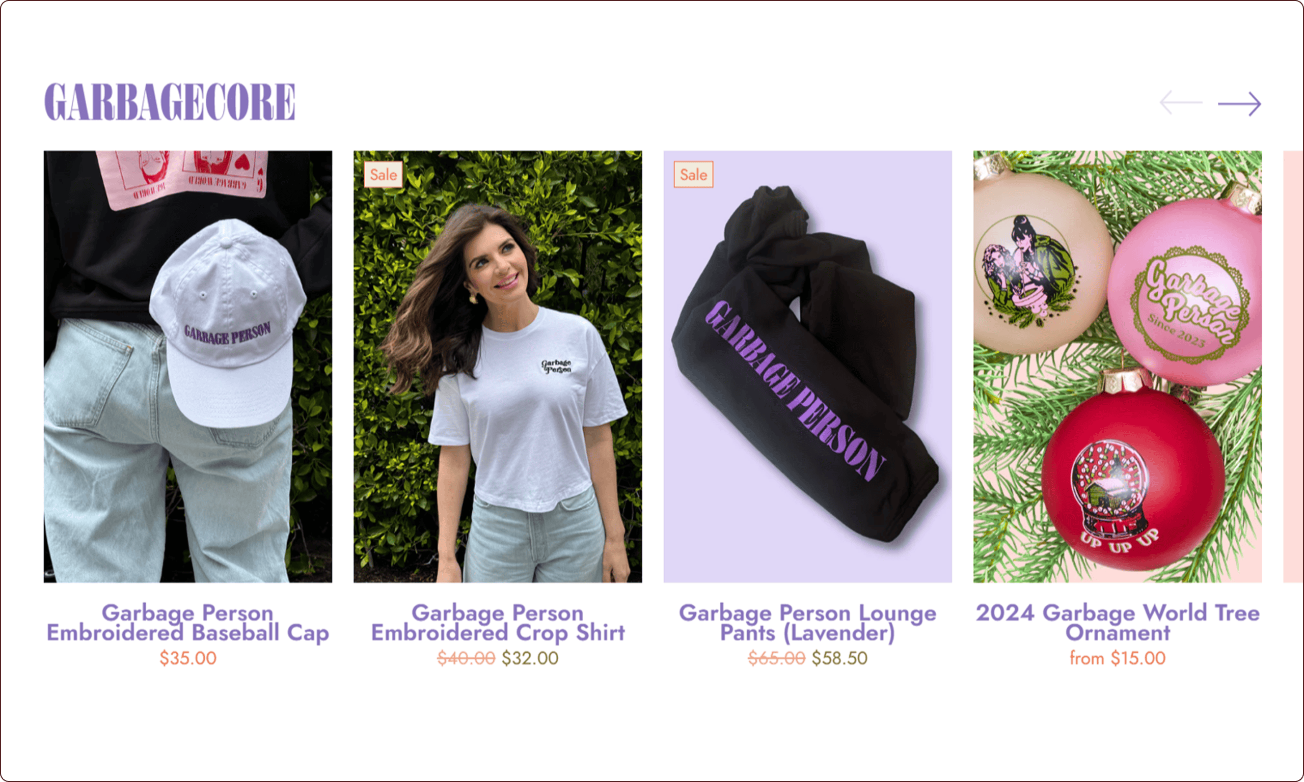 A selection of "Garbagecore" merchandise, including a baseball cap, embroidered crop shirt, lounge pants, and holiday ornaments, each shown with prices and sale labels where applicable. | Wonderly