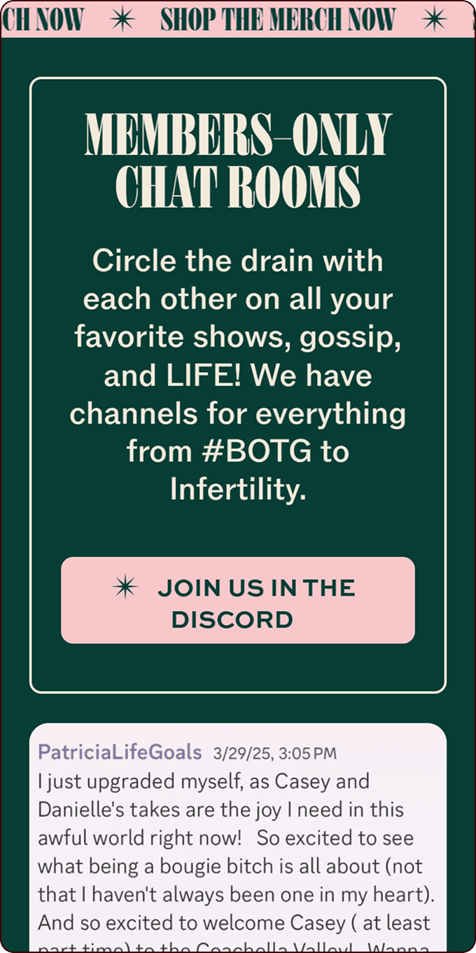 Screenshot of a website section promoting members-only chat rooms with a button to join a Discord server and a user comment below. | Wonderly