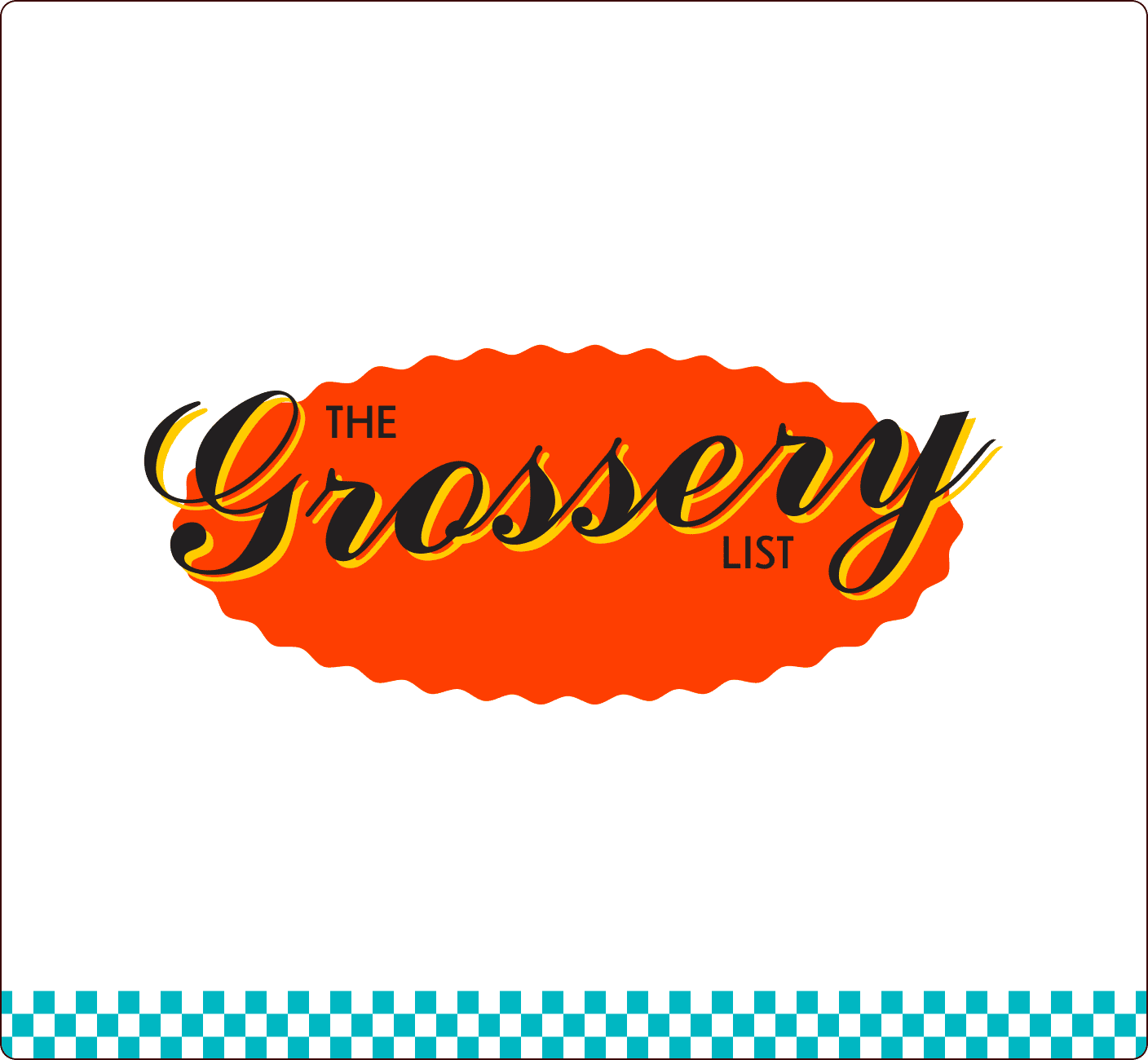 Logo with "The Grossery List" in stylized script on an orange oval, set against a white background with a blue checkerboard pattern at the bottom. | Wonderly
