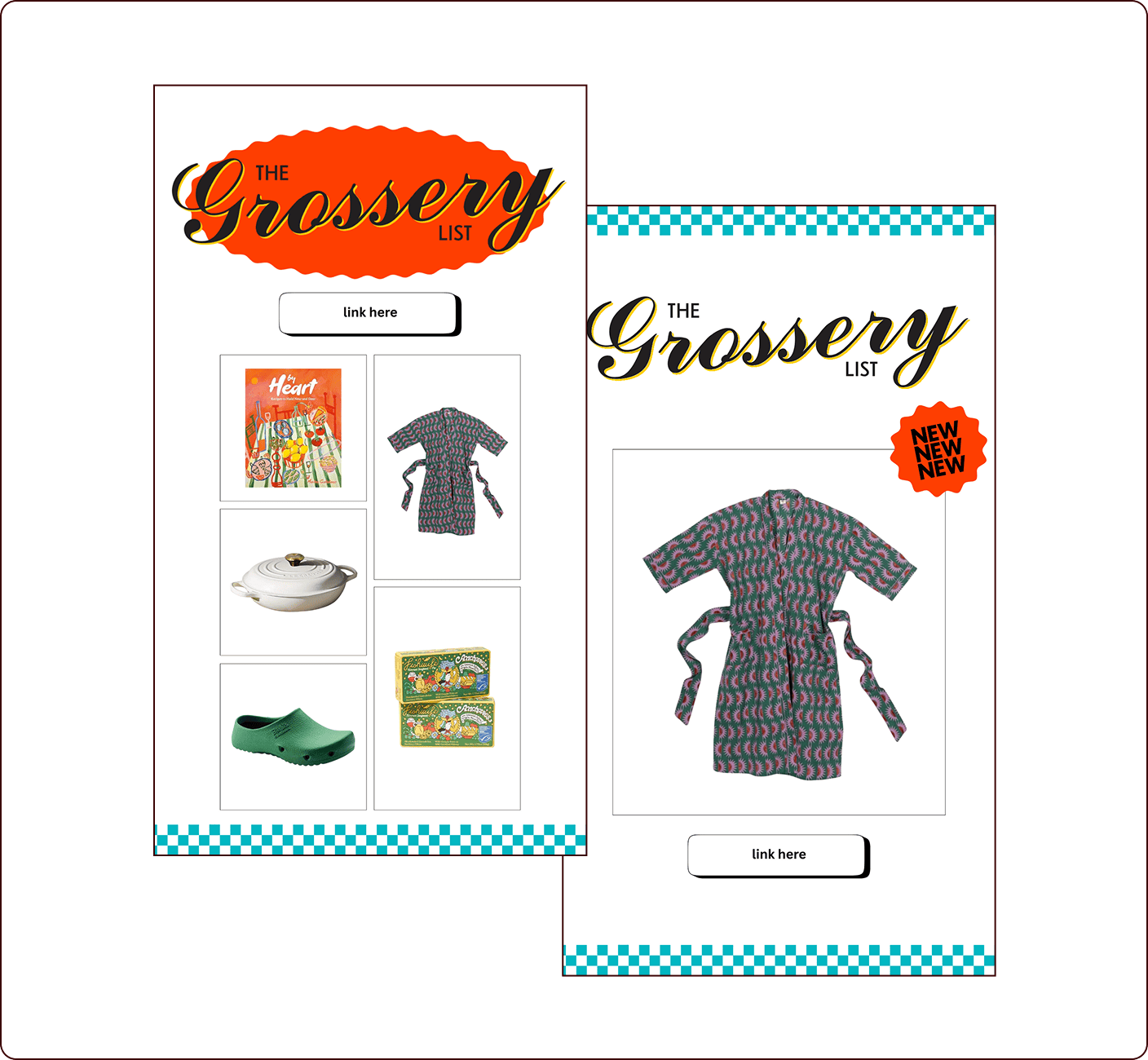 Two web page mockups for "The Grossery List" feature assorted products, including a book, robe, cookware, green shoes, and canned goods, with checkered borders and link buttons. | Wonderly