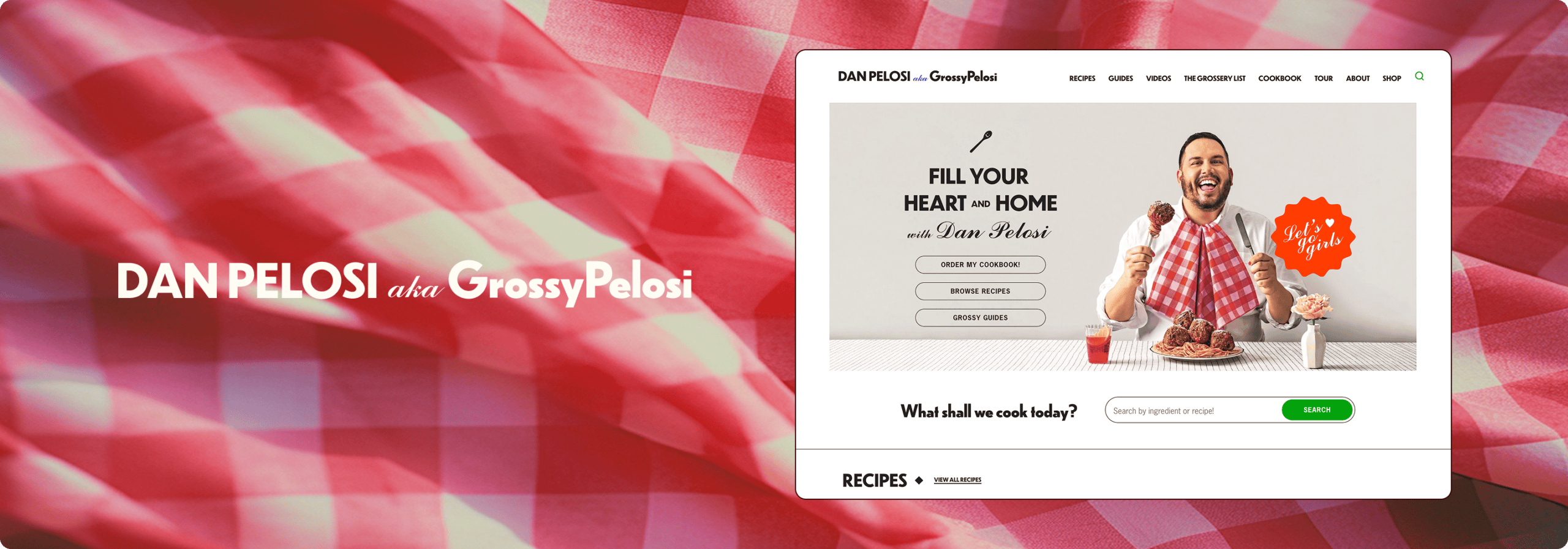 Screenshot of Dan Pelosi’s website, GrossyPelosi, featuring Dan smiling at a table with a red checkered tablecloth, holding utensils, and text inviting users to find recipes. | Wonderly