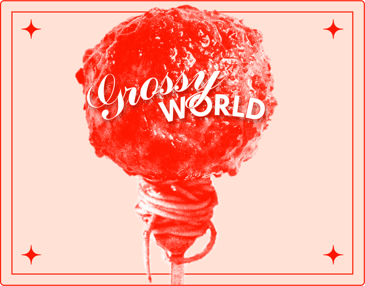 A giant red meatball with the words Grossy World on top.