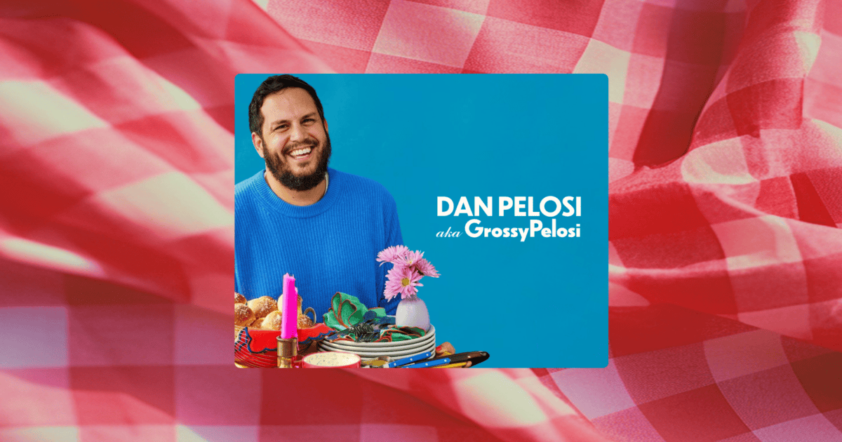 A man in a blue sweater smiles next to a table with food, candles, and flowers. Text reads "DAN PELOSI aka GrossyPelosi" on a blue background. | Wonderly