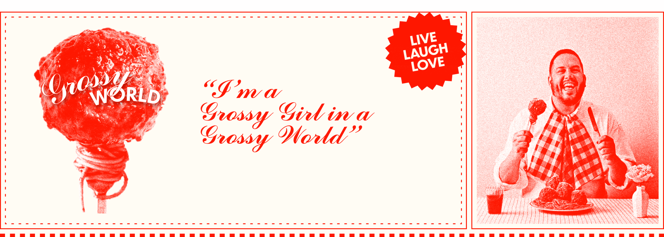 A man in a checkered bib smiles while holding utensils, ready to eat fried chicken; text reads “I’m a Grossy Girl in a Grossy World” and a badge says “Live Laugh Love.”. | Wonderly