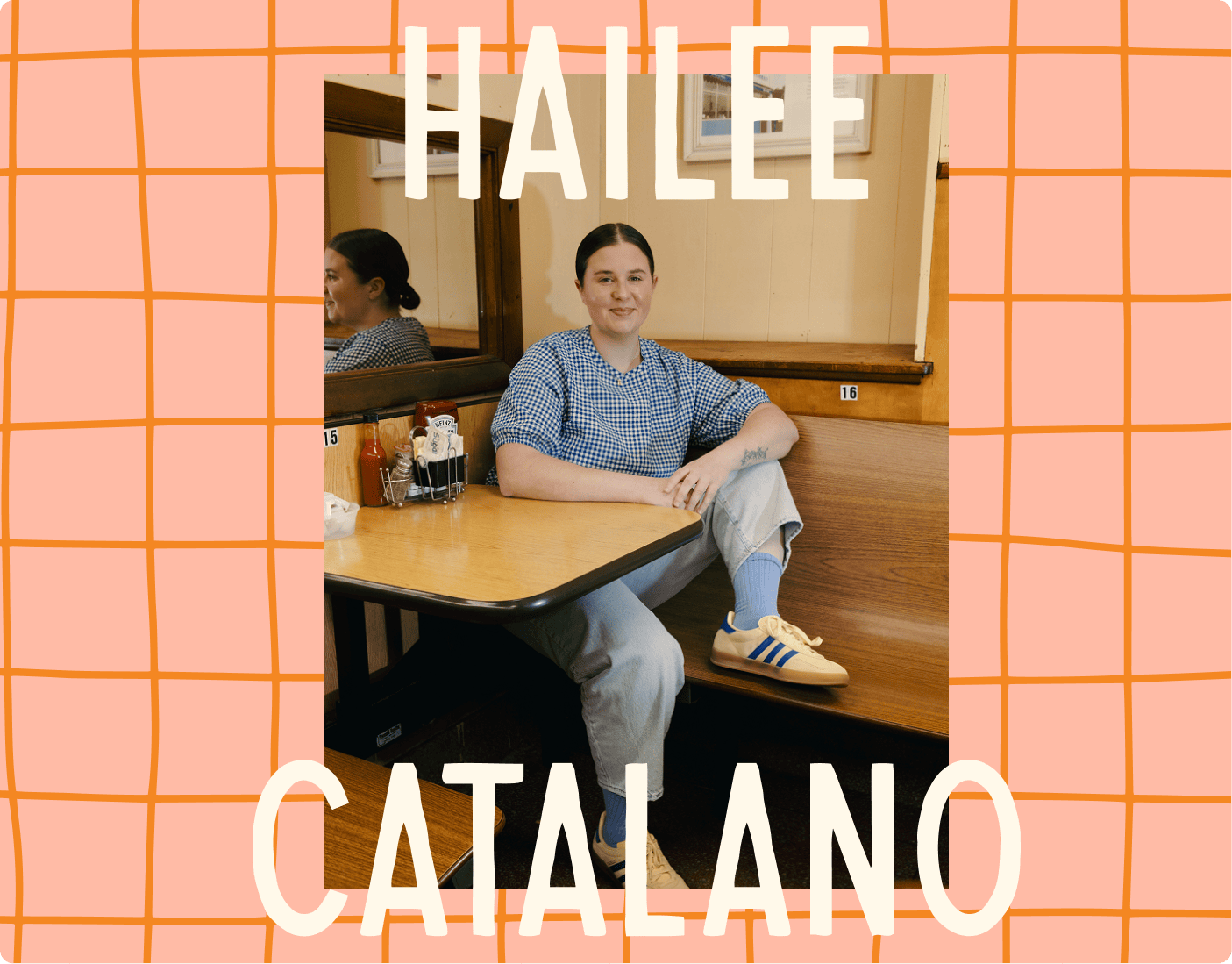 A person with brown hair sits at a diner booth, wearing a checkered shirt and sneakers. The background features a grid pattern with the text "HAILEE CATALANO" in large letters. | Wonderly