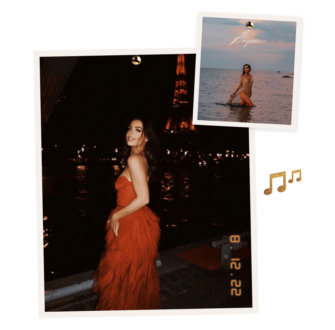 A woman in an orange dress poses by the water at night with the Eiffel Tower in the background; above, a smaller photo shows her standing in the sea at sunset. | Wonderly