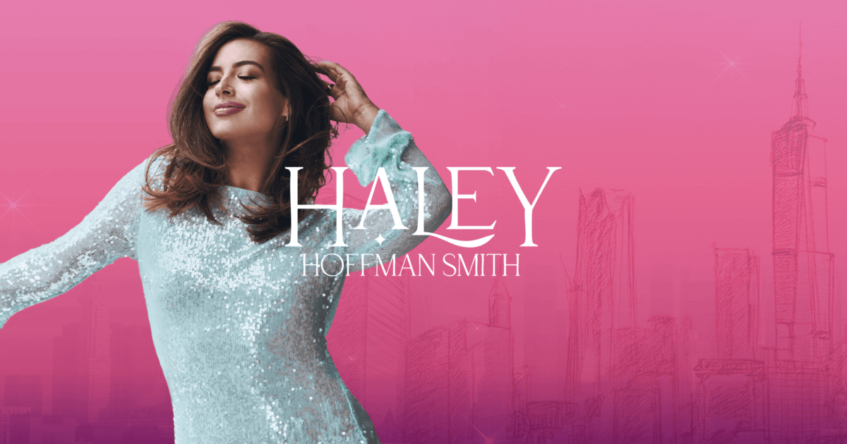 Woman in a sparkly light blue dress poses confidently against a pink background with cityscape sketches and the text "HALEY HOFFMAN SMITH. | Wonderly