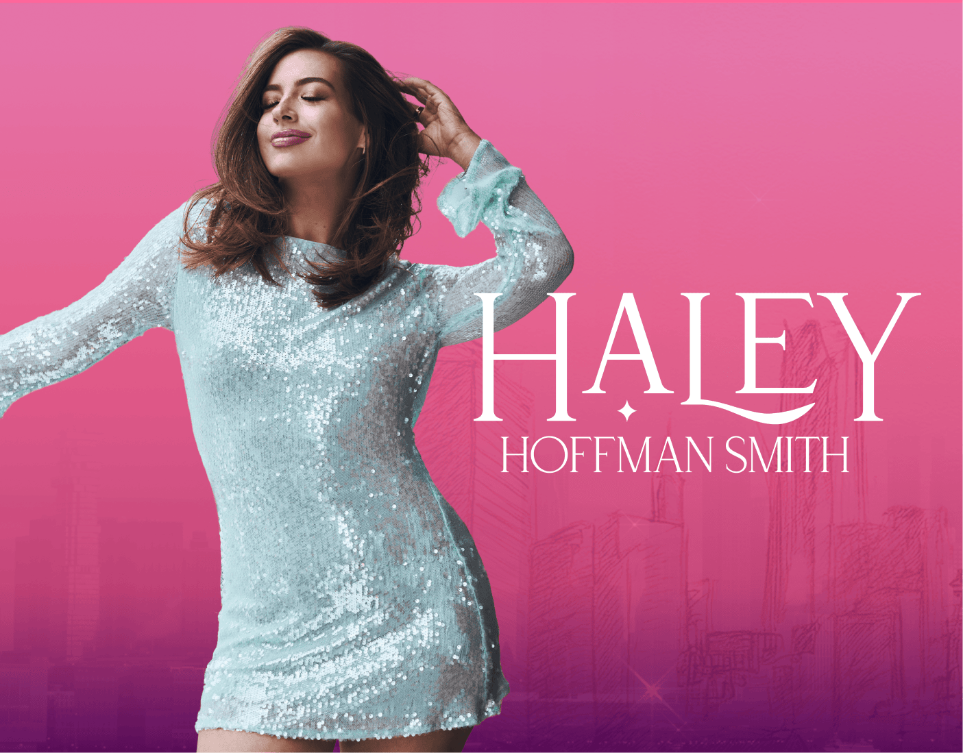 A woman in a light blue sequin dress poses in front of a pink and purple gradient background with the text "Haley Hoffman Smith. | Wonderly
