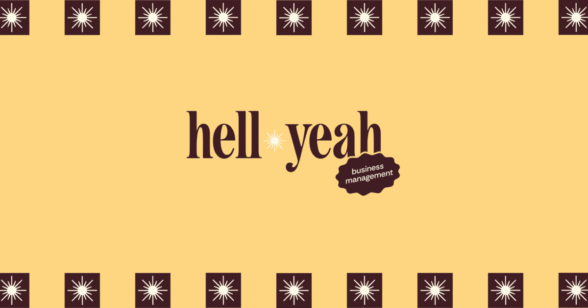 Yellow graphic with brown border featuring white starburst icons. Center text reads "hell yeah" with a small label below stating "business management. | Wonderly