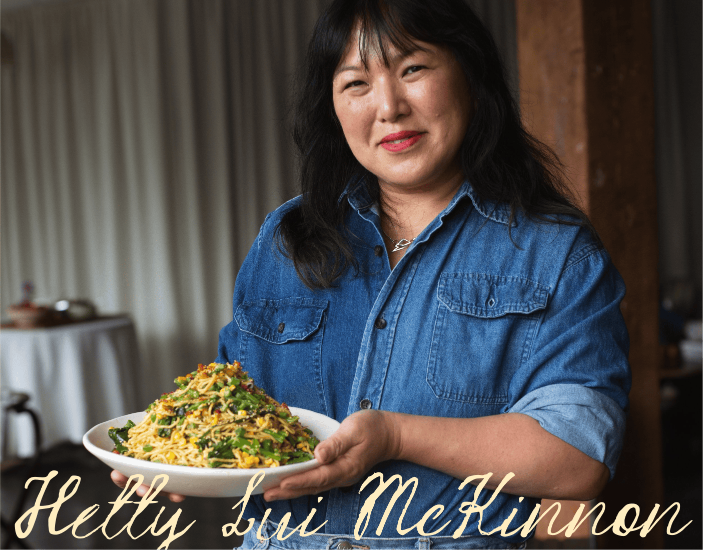Hetty Lui McKinnon holding a dish with her logo beneath
