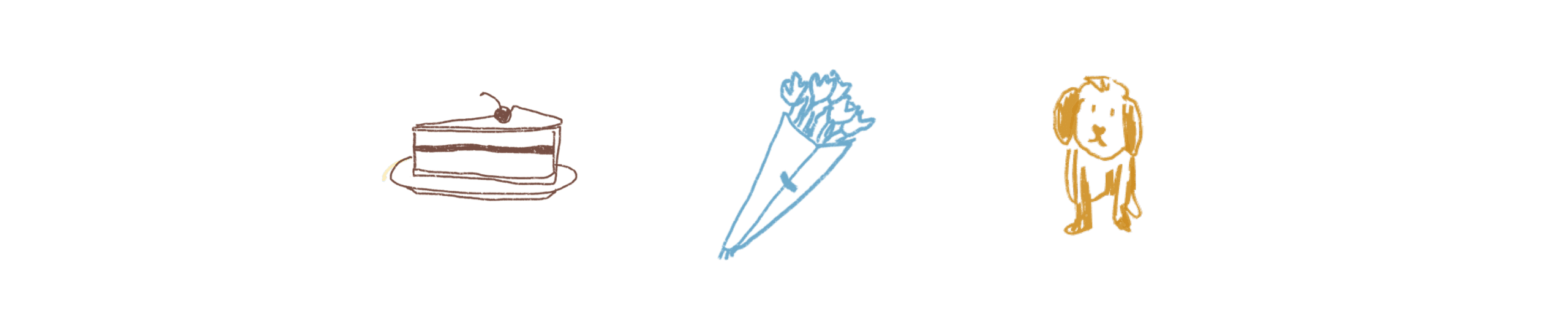 A simple illustration of a slice of cake, a bouquet of flowers, and a dog, each drawn in different colors on a plain background. | Wonderly